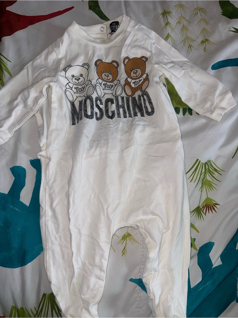 Moschino White Baby Footie with Teddy Bear Trio